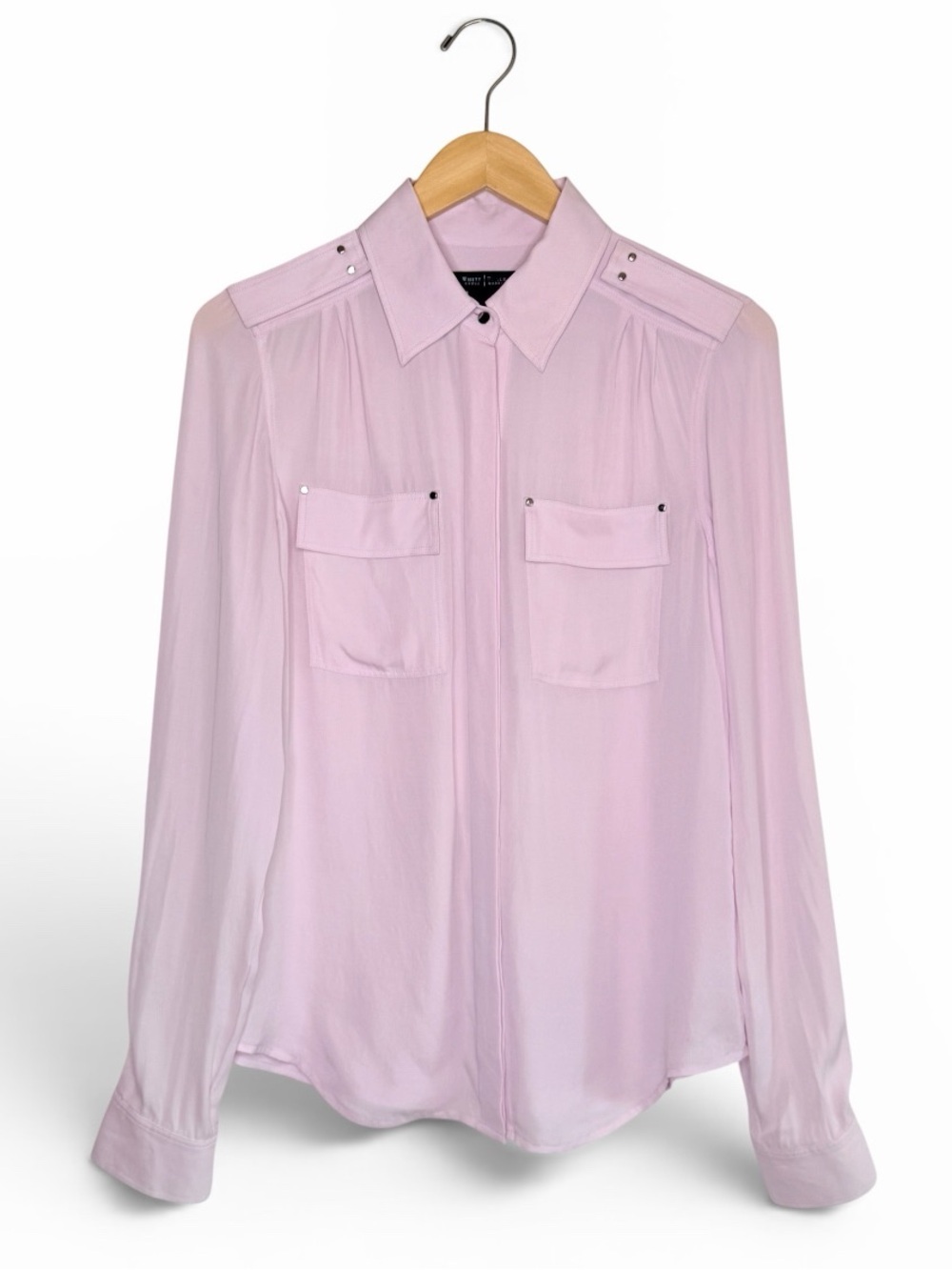 White House Black Market 100% Silk Silver Studded Lilac Utility Blouse Size 4